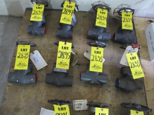 LOT (4) TO INCLUDE: (2) VALVE, GLOBE TYPE, 1-1/2" SIZE, 800 LB RATING, CARBON STL MATERIAL, SOCKET WELD CONNECTIONS, A/SA105 SPECIFICATION, OS&Y STYLE, HARD FACED SEAT & DISC TRIM, GRAPHITE SOFTGOODS, HANDWHEEL OPERATOR. BOLTED BONNET, PART # 5500W, (1) VALVE, GLOBE TYPE, 1-1/2" SIZE, 800 LB RATING, CARBON STL MATERIAL, SOCKET WELD CONNECTIONS, A/SA105 SPECIFICATION, OS&Y STYLE, HARD FACED SEAT & DISC TRIM, GRAPHITE SOFTGOODS, HANDWHEEL OPERATOR. BOLTED BONNET, PART # 5500W, (1) VALVE, GLOBE TYPE, 1-1/4" SIZE, CLASS 800 RATING, A105 BODY & BONNET MATERIAL, SW CONNECTIONS, ANSI/ASME B16.34 SPECIFICATION, CONVENTIONAL PORT, BOLTED BONNET, OS&Y STYLE, HARDFACED DISC & SEAT, 13% CR TRIM, MANUAL (HANDWHEEL) OPERATOR. PART # SW12141FHF 1-1/4" (W-51) LOADING & HANDLING FEE $15-